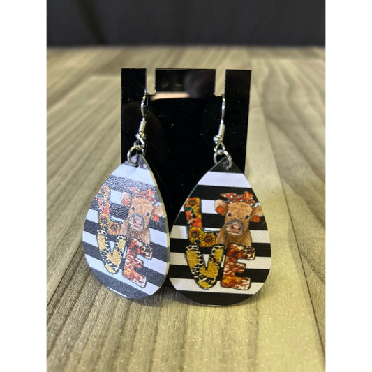Faux leather Love cow Stripes dangle earrings