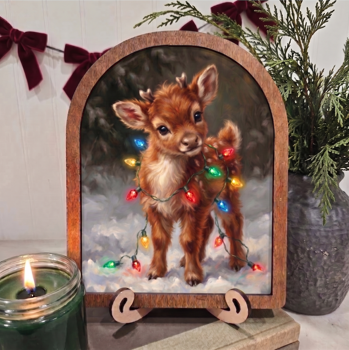 Arch Baby Reindeer Christmas Lights Framed Art Winter: 6x8