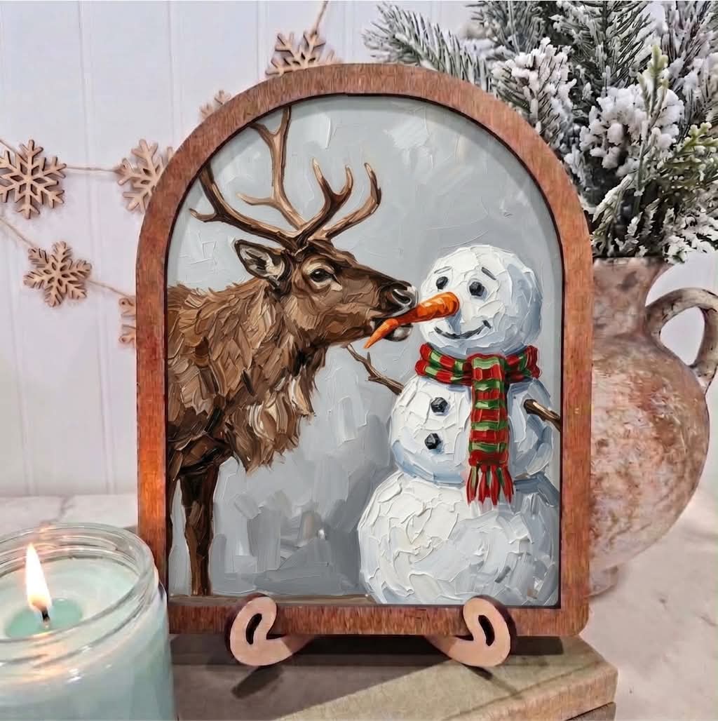 Arch Framed Art - Reindeer Eating Snowman Nose Christmas: 6x8