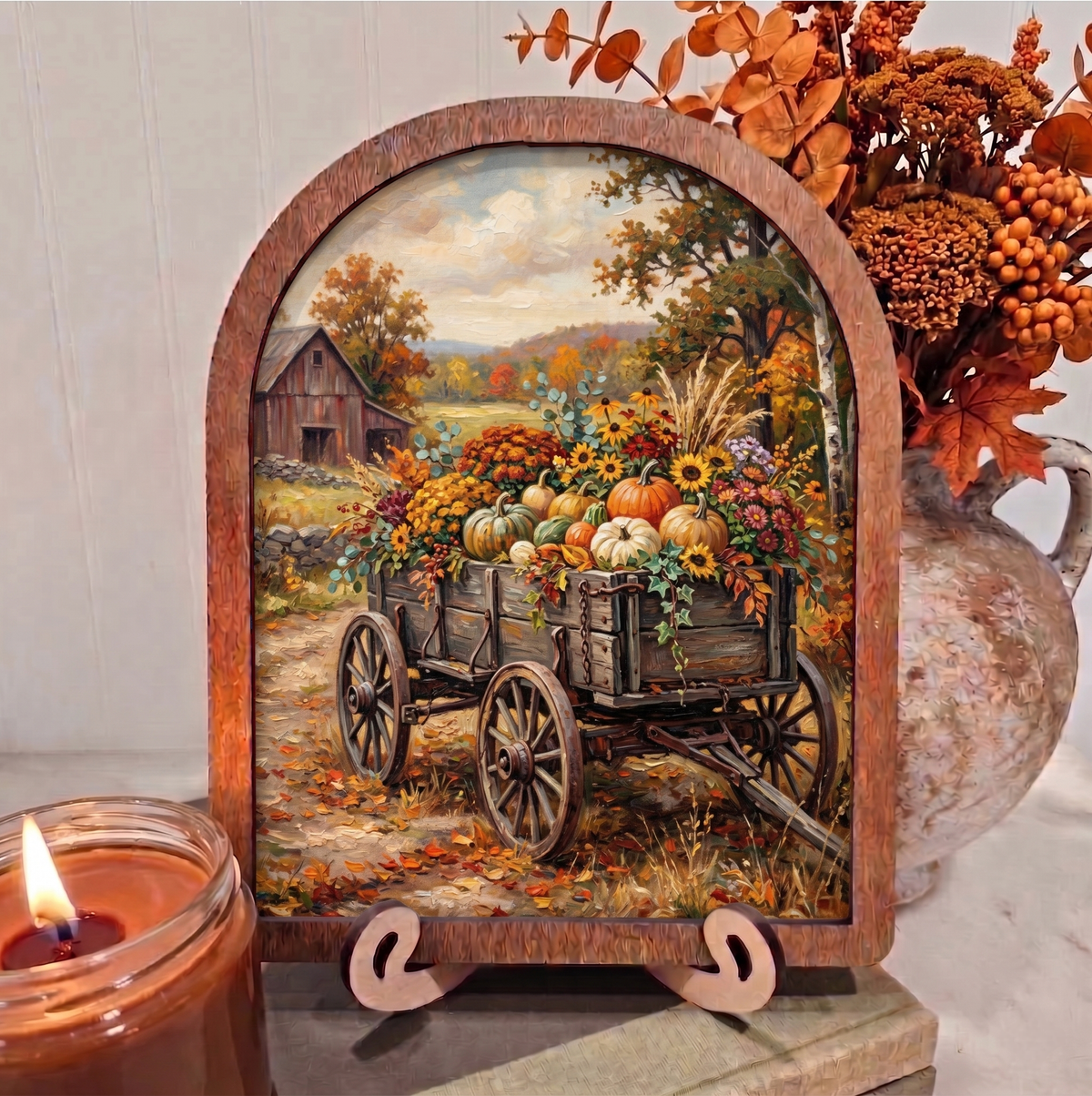 Arch Harvest Wagon Pumpkins Barn Framed Art Fall Halloween: 8x10