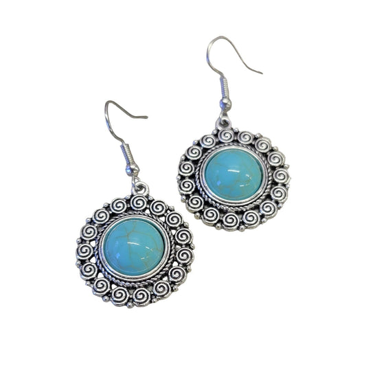 Circle Swirl silver and turquoise dangle earrings